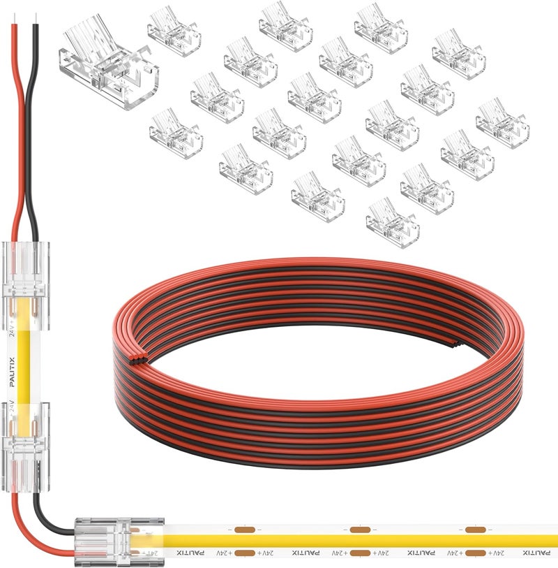 PAUTIX COB LED Connectors for 8mm 2-Pin COB LED Strip Lights,20pcs Strip to Wire Connectors,10ft(305cm) Long 22AWG Extension Wires for Non-Wired Gapless Solderless,5V 12V 24V 2835 LED Strip Lights - Image 1